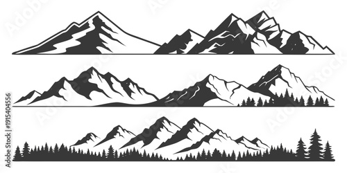 A collection of black and white illustrations depicting various mountain ranges and landscapes Vector