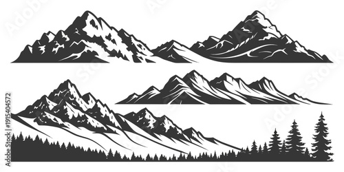 Majestic mountain range with snow-capped peaks and dense forest below Vector