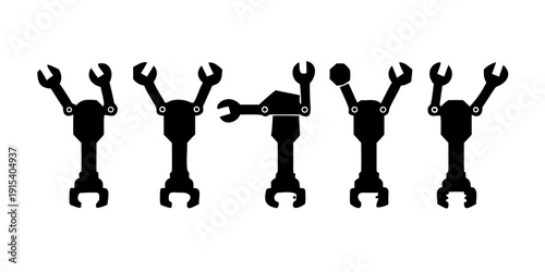 A group of five black silhouettes of people with wrench arms and legs Vector
