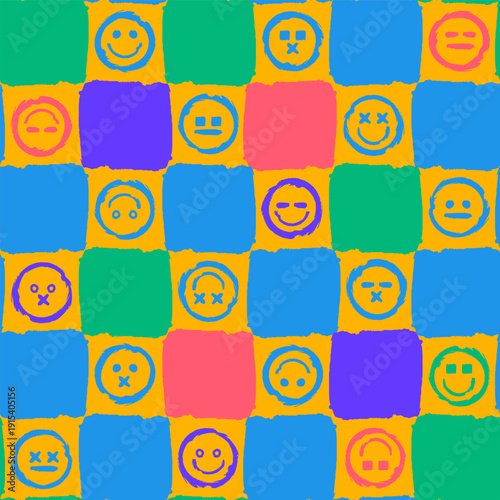 Bright colorful seamless grunge pattern featuring abstract shapes, doodles, scribbles, geometric elements, waves, grids, lines, smiles