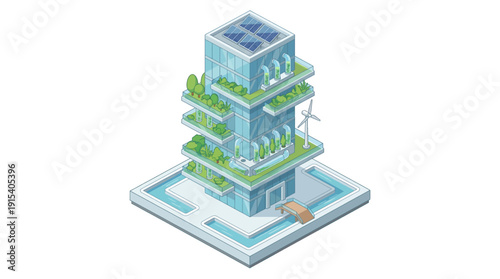 Isometric sustainable green building with vertical farming, solar panels and wind turbine, smart eco city architecture concept