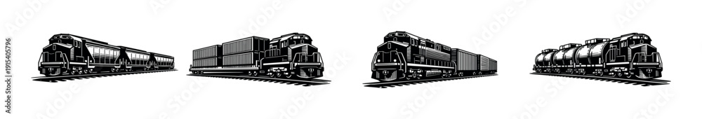Obraz premium Train flat vector icons set: locomotives, cargo, and transportation symbols collection