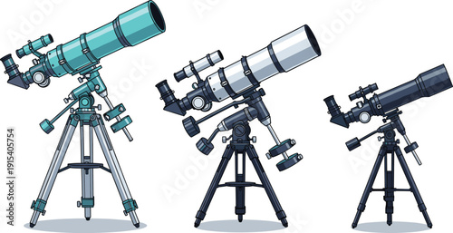 Set of professional astronomical telescope illustrations on tripods featuring detailed refracting and reflecting designs isolated on white background for science and education.