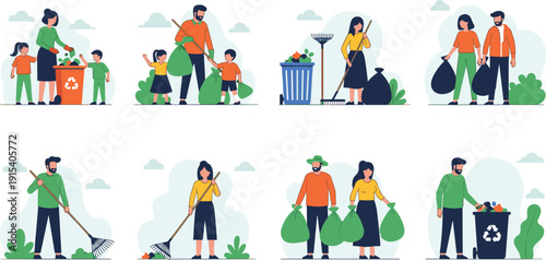 Set of people and families engaged in recycling and environmental cleanup activities featuring trash sorting raking leaves and garbage collection isolated on white background.