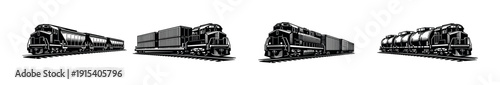 Train flat vector icons set: locomotives, cargo, and transportation symbols collection