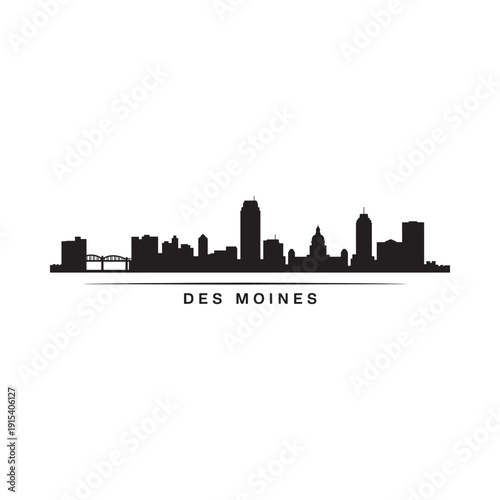 Foto Des moines skyline silhouette against a plain white background is displayed