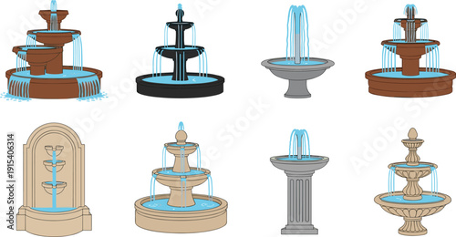Set of various classic tiered garden fountains and water features with blue splashing water streams isolated on white background for architectural landscaping and park outdoor decoration.