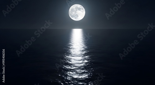 Full moon reflecting on calm ocean surface with starry night sky