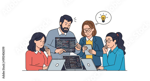 Team collaborating on coding project together at office