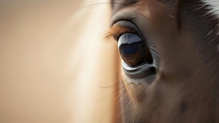Close-up of horse eye with long eyelashes and brown iris showing gentle expression and natural equine beauty for animal photography and veterinary content.