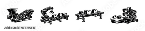 Factory automation flat vector icons set: industrial equipment and machinery illustrations