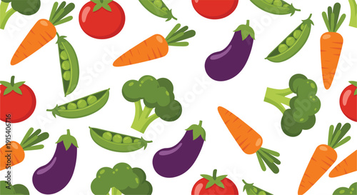 Seamless pattern vector illustration with fresh organic vegetables including carrots tomatoes eggplants broccoli and green peas for healthy backgrounds.