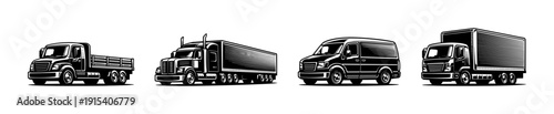 Truck flat vector icons set: transport, cargo, delivery vehicles collection