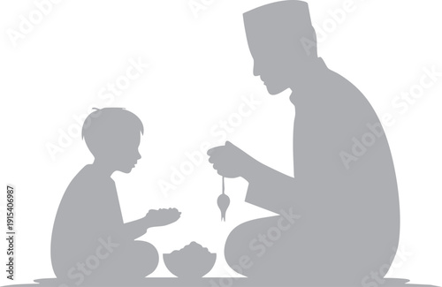 Adult and child silhouettes reading holy book together