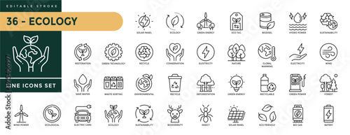 A collection of Ecology icons set with editable stroke, including environment, green energy, sustainability, nature, renewable energy, sustainable future, recycling. Thin linear vector illustration.