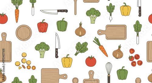 Seamless pattern vector illustration with kitchen tools cutting boards knives and fresh vegetables for cooking and culinary backgrounds.