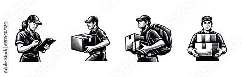 Courier services flat vector icons set: delivery, logistics, shipping, transport characters