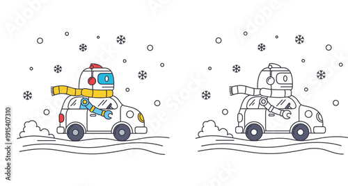 Cute robot driving car in winter snow with scarf, vector illustration set of colored and outline versions for coloring book and holiday design.