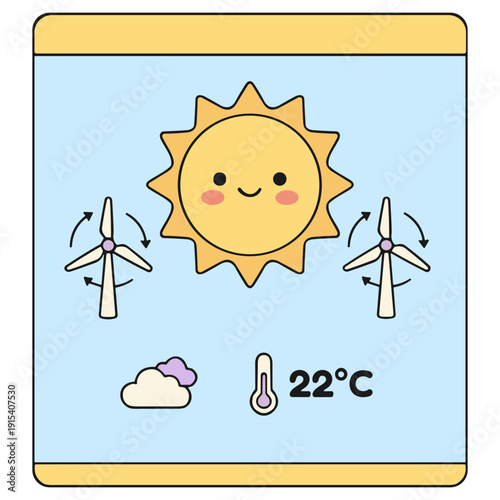 Kawaii Solarpunk Weather Widget with Smiling Sun and Wind Turbines - Renewable Energy UI Vector