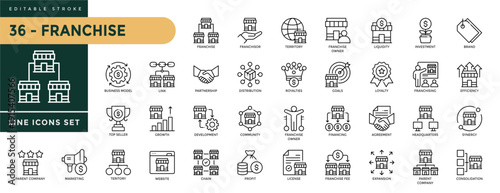 A collection of Franchise icons set with editable stroke, including license,  business model, royalties, chain, expansion, shop, franchisor, etc. Thin linear vector illustration.