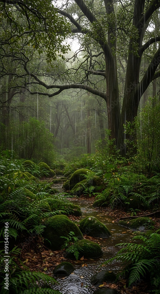 Fototapeta premium Misty Forest with Stream and Trees.
