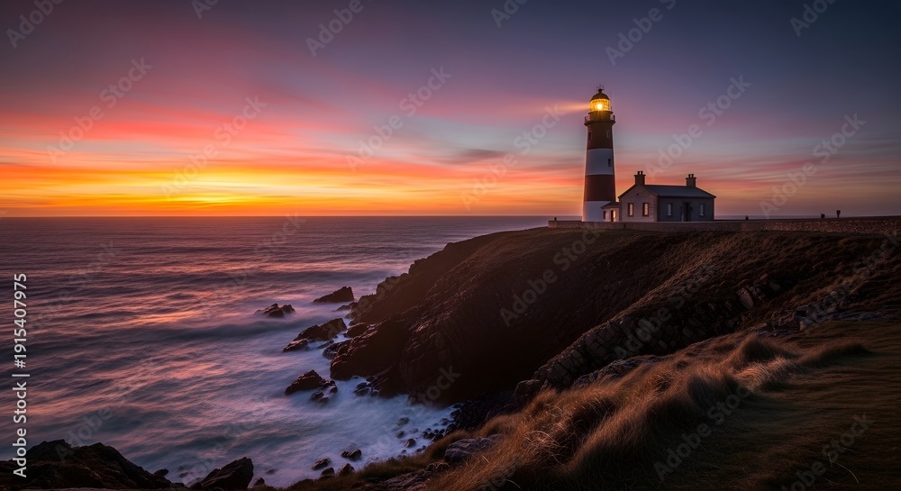 Obraz premium Lighthouse shines at sunset over rugged coastline and ocean