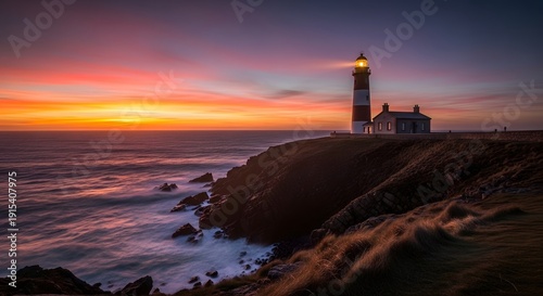 Lighthouse shines at sunset over rugged coastline and ocean