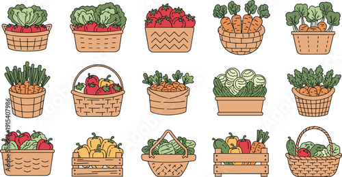 Hand drawn vector illustration set of wicker baskets and wooden crates filled with fresh organic vegetables and harvest.