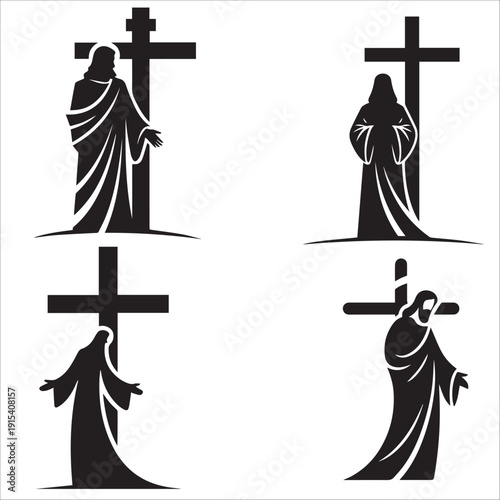Wallpaper Mural Jesus Christ and Holy Cross Silhouette Set: A collection of four minimalist vector illustrations showing Jesus in various poses by the cross. Torontodigital.ca