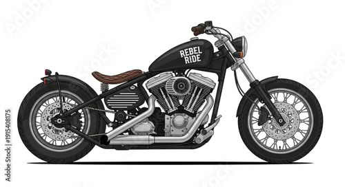 Black Custom Motorcycle with Chrome Engine.