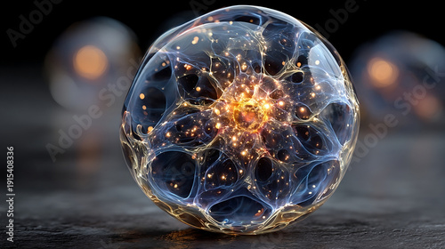 Energy sphere with glowing light and intricate web design, floating on dark surface, emitting warm and cool tones in abstract style