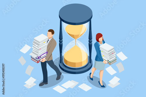 Isometric office deadline concept with businessman and businesswoman carrying document stack near large hourglass. Time pressure, paperwork overload and bureaucracy illustration.