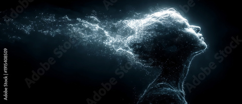Digital art of glowing female head with flowing particles and aura, representing AI intelligence and ethereal energy in dark background
