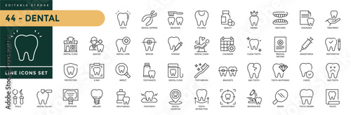 A collection of Dental icons set with editable stroke, including tooth, dentist, teeth, implant, dentistry, tooth paste, tooth brush, etc. Thin linear vector illustration.