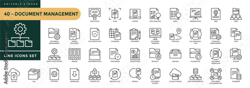 A collection of Document Management icons set with editable stroke, including organization, folder, archive, storage,. Thin linear vector illustration.