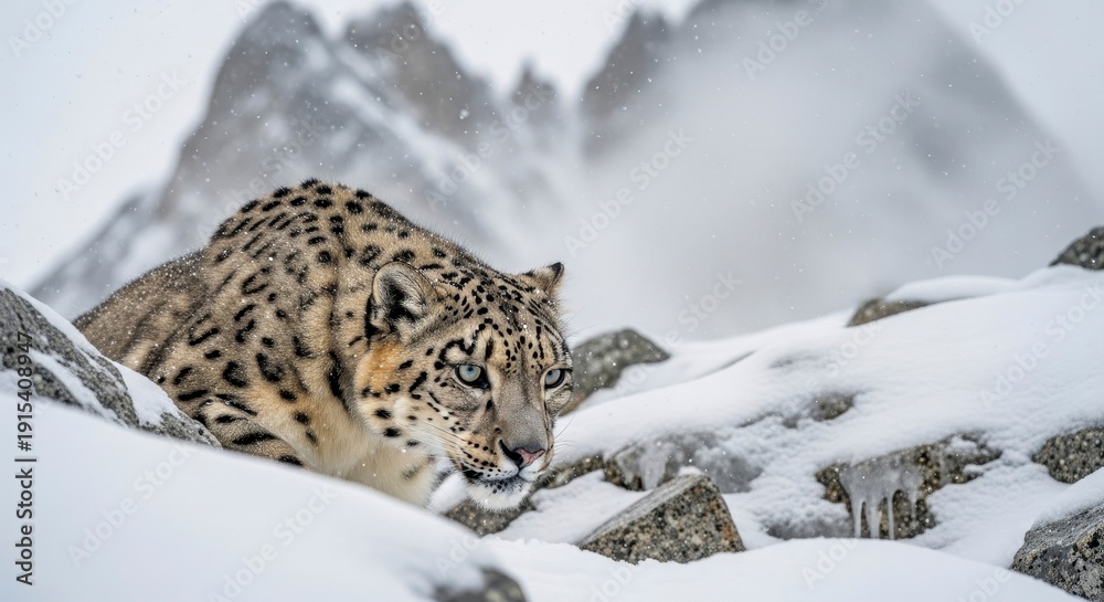 Fototapeta premium Snow leopard camouflaged in its natural snowy mountain habitat during winter.