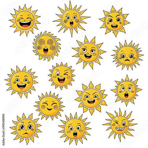 Collection of various smiling and emotive cartoon suns with different facial expressions isolated on transparent background
