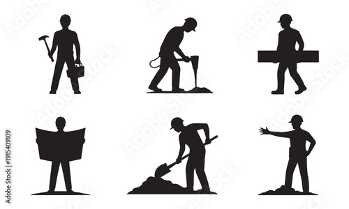 Set of construction worker silhouette icons in black flat vector style showing builder, engineer, laborer and handyman poses for industry and labor design