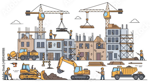 Construction Site with Buildings and Machinery.