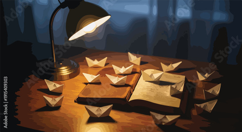 Paper boats on a vintage wooden desk, softly illuminated by an antique lamp. A contemplative scene evoking creativity, imagination, and the journey of dreams.