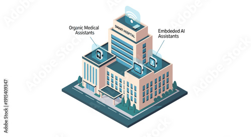 Isometric illustration of a hospital building with labeled departments.