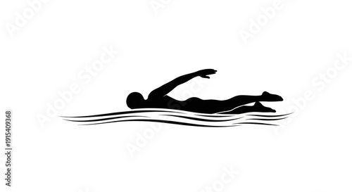 Silhouette of a person swimming in water, an athlete doing the crawl stroke in a minimalist design for sports and recreation.