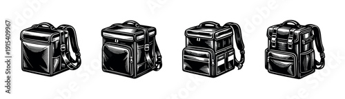 Backpack flat vector icons set. travel and hiking rucksack symbols collection