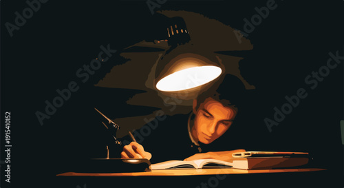 Young man studying late at night under a desk lamp, writing in a book with a pen, focused and determined.