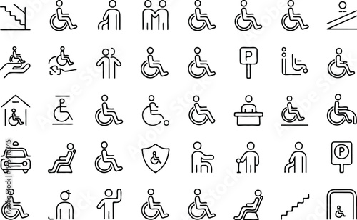 Collection of line art icons related to accessibility, disability support, and public services