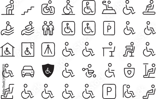 Collection of accessibility and disability related icons for public spaces and services