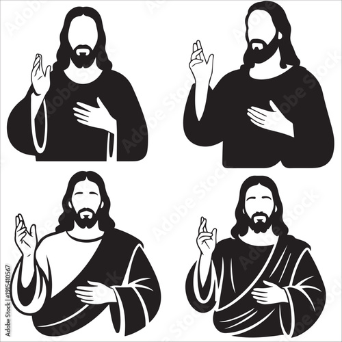 Wallpaper Mural Jesus Christ Sitting and Meditating Silhouette Set: A collection of four black and white vector icons of Jesus in various seated poses for spiritual and religious use. Torontodigital.ca