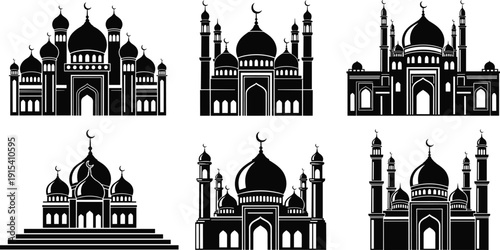 Set of black silhouette mosque icons and Islamic building illustrations with domes and minarets isolated on white background for Ramadan and Eid cultural design.