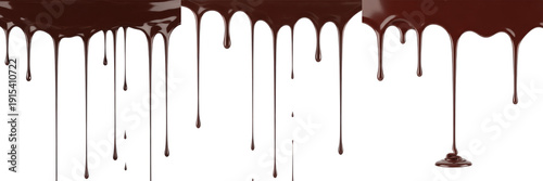 Melted Dark Chocolate Dripping Set, Realistic Liquid Cocoa Borders and Drops Isolated on Transparent PNG