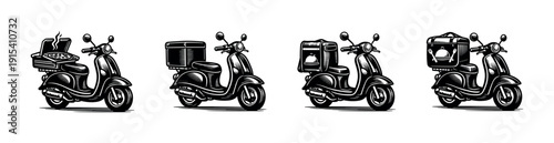 Scooter delivery flat vector icons set: food, parcel, transport themes